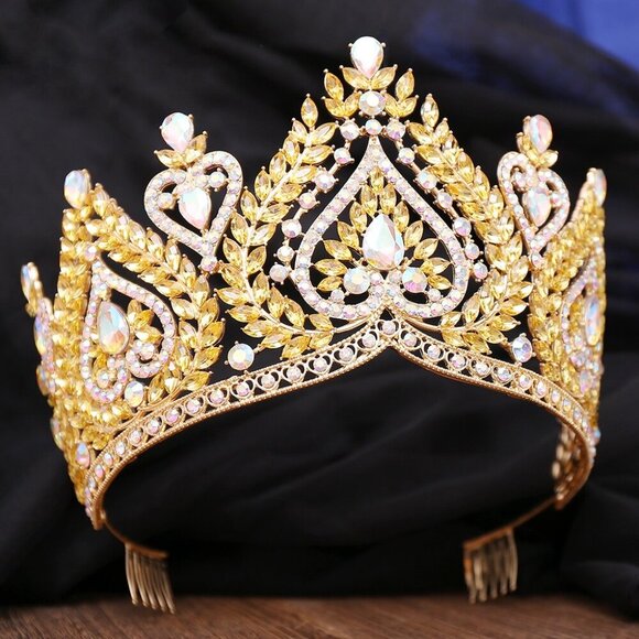 Queen of Spades, Gold Spade Crown, Champagne Crystal Crown, Prom Crown, XL Size - Picture 2 of 5